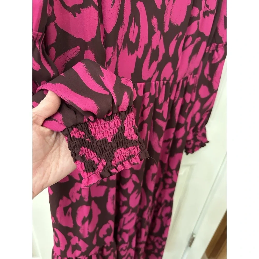 Who What Wear Midi Dress S Pink Brown Abstract Animal Print Long Sleeve Tiered - Picture 3 of 6